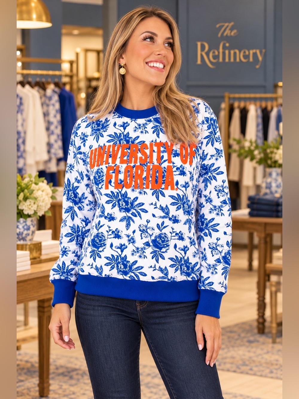 Brianna Cannon University of Florida Blue & White Floral Crewneck Sweatshirt NWT